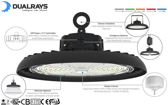 HB3 DIP переключаемая мощность и 3CCT UFO LED High Bay Light 100W 192LPW с готовым датчиком (PIR / Motion Sensor)