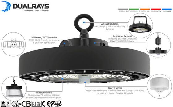HB4H DIP переключаемая мощность и 3CCT UFO LED High Bay Light 200W 170LPW с готовым датчиком (PIR или микроволновый датчик с датчиком дневного света)